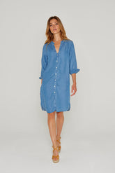 LAURAST – Tencel Dress with Mandarin Collar and 3/4 Sleeves – Straight Cut – Women